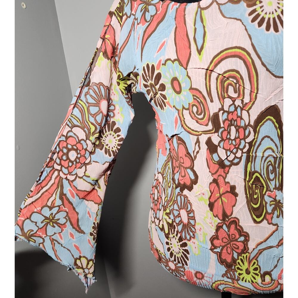 Vtg Cache Y2K Floral Bell Sleeve Side Tie Blouse Boho Psychedelic Top M - Picture 5 of 11
